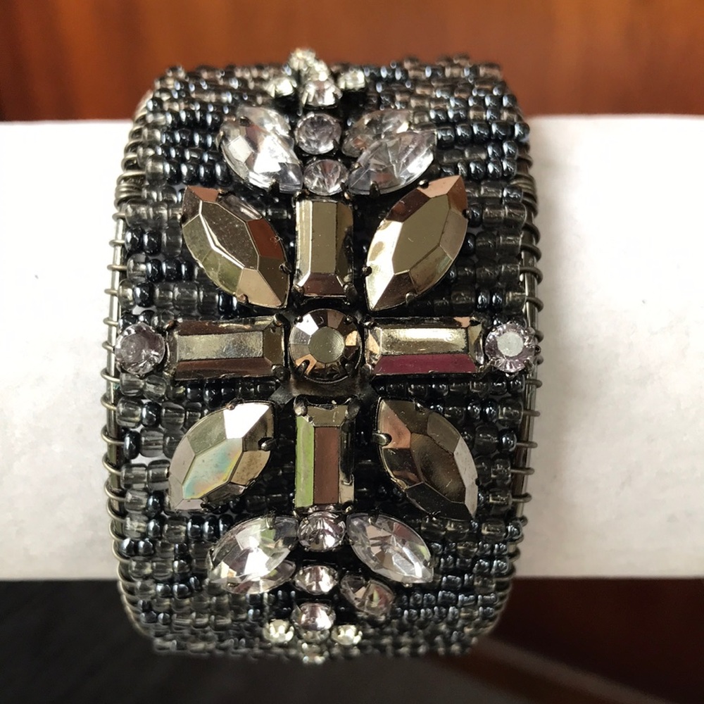 Black & Silver Cuff Bracelet with Decorative Bead Accents